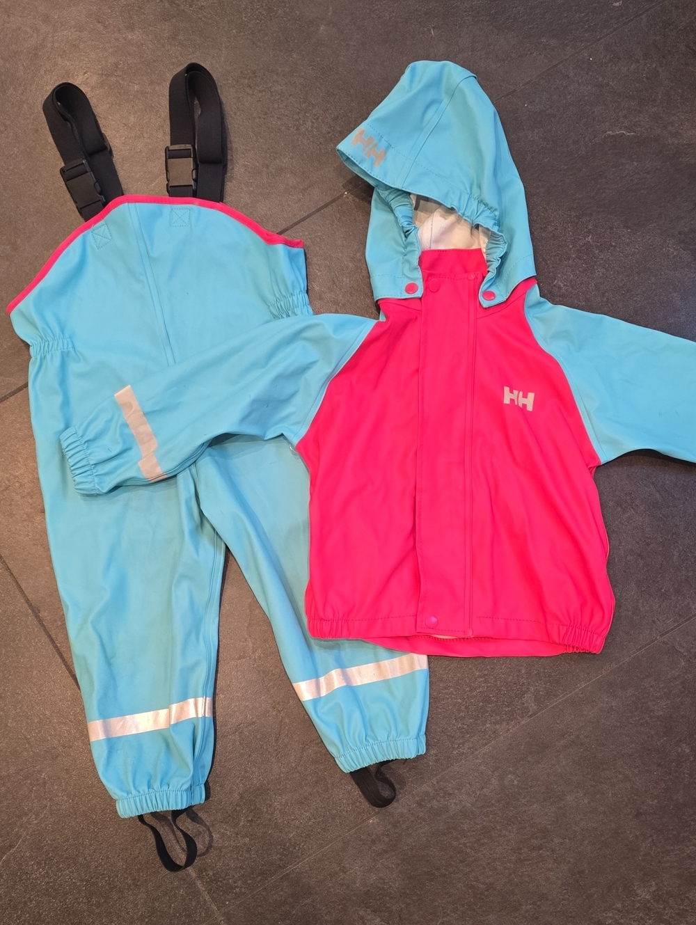 Helly Hansen Kids Pink & Light Blue Rain Jacket with Bib Overalls 2T
